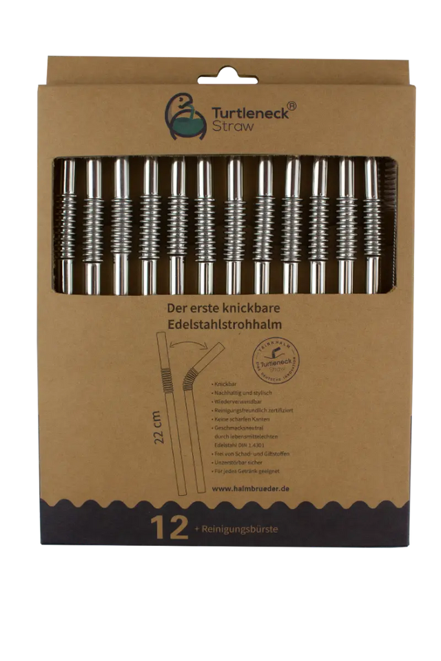 Edelstahl Trinkhalme Biegbar Silber 12er Set 22cm von Turtleneck Straw
