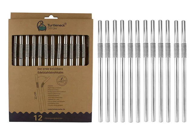 Edelstahl Trinkhalme Biegbar Silber 12er Set 22cm von Turtleneck Straw