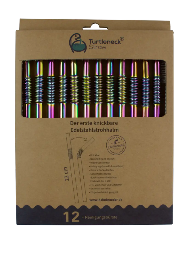 Edelstahl Trinkhalme Biegbar Rainbow 12er Set 22cm von Turtleneck Straw