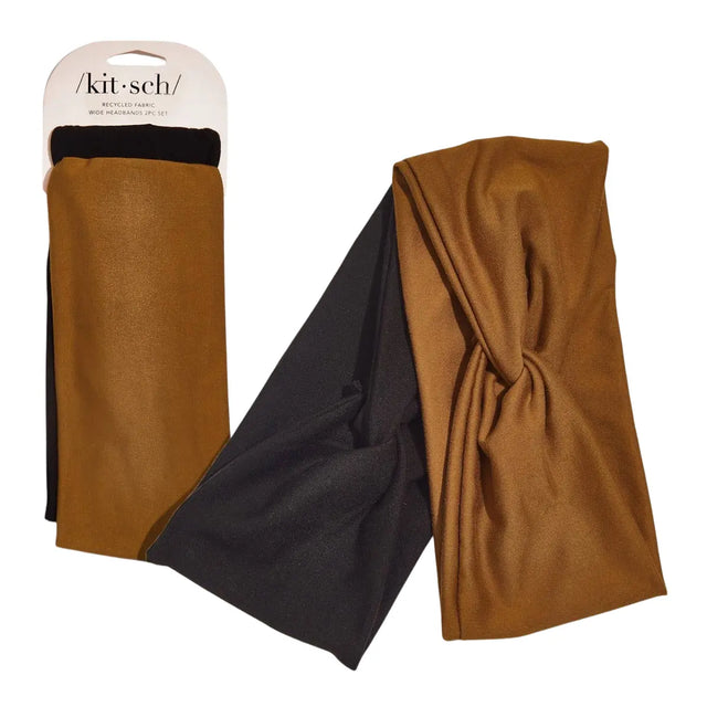 Breite Stirnbänder aus recyceltem Stoff 2er Set — Schwarz Kamelbraun von Kitsch
