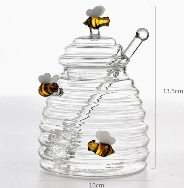 Edles Honigglas mit Deckel und Honigstab und Bienendekoration von Homerely