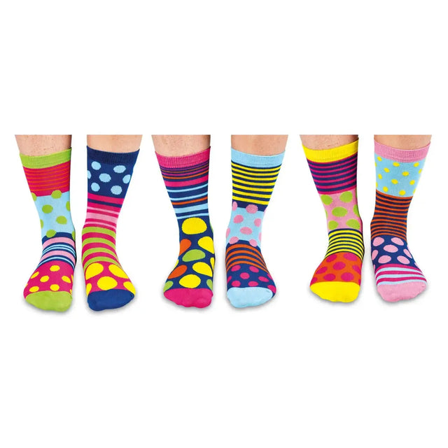 Einzelne Socken im 6er Pack, POLKA FACE Bunte Punkte und Streifen, Gr. 37-42, mit Geschenkbox von United Oddsocks