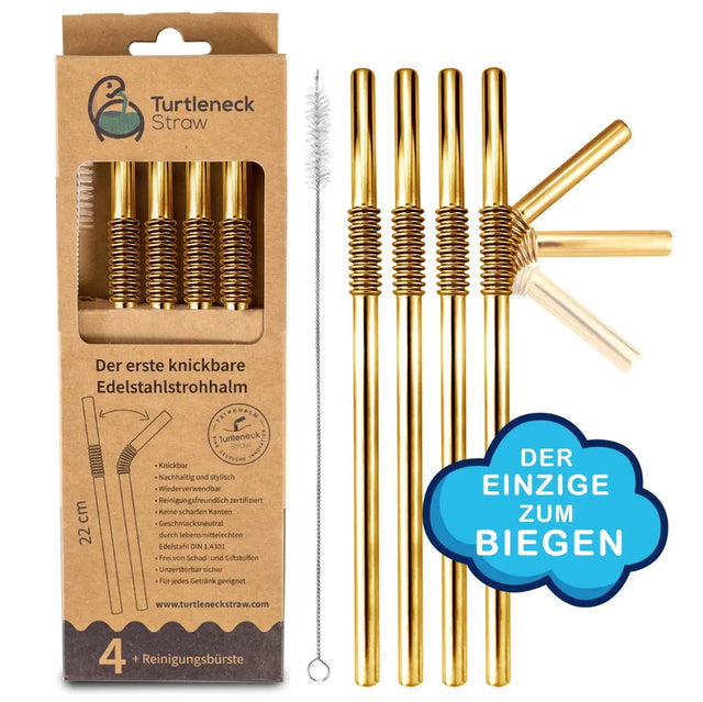 Edelstahl Trinkhalme Biegbar Gold 4er Set 22cm von Turtleneck Straw