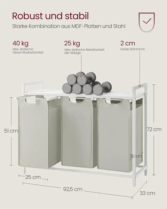 Wäschekorb mit 3 Fächern und Ablage, cremeweiss-mattweiss von Songmics