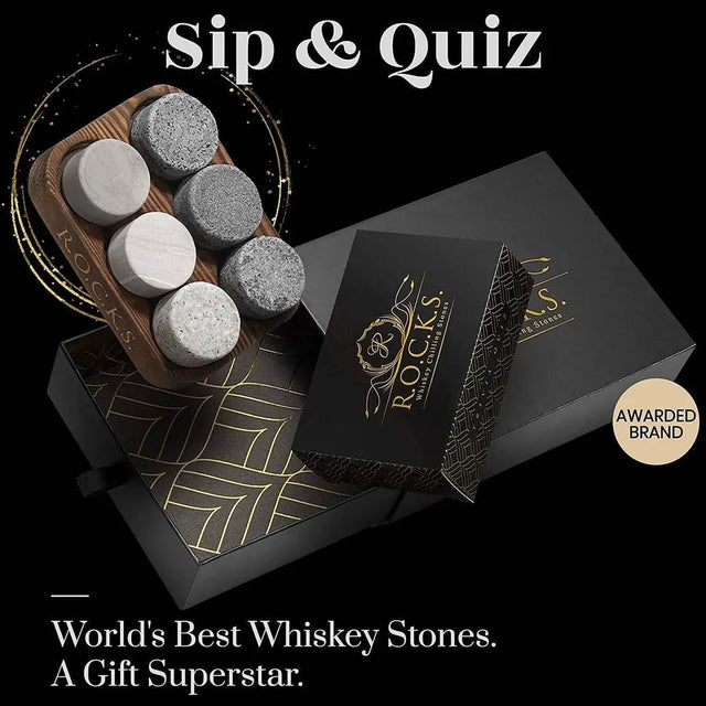 Whiskey Kühlsteine und Quiz Geschenkset 6er von ROCKS Whiskey Chilling Stones