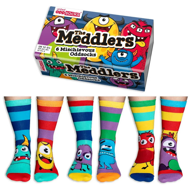 Einzelne Socken im 6er Pack, THE MEDDLERS Bunte Monster, Gr. 30-38, mit Geschenkbox von United Oddsocks