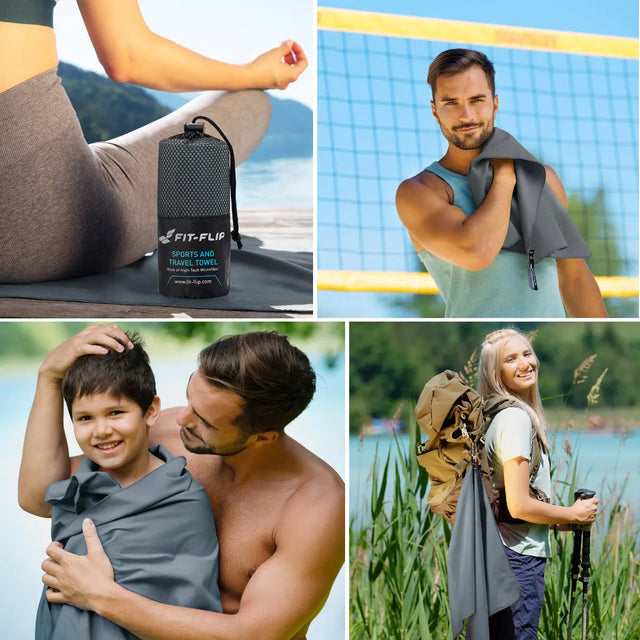 Mikrofaser Handtuch schnelltrocknend mit Tasche 100x200cm Dunkelgrau von Fit-Flip