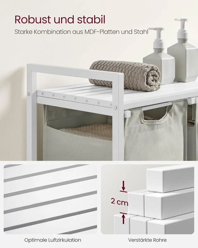 Wäschekorb mit 3 Fächern und Ablage, cremeweiss-mattweiss von Songmics