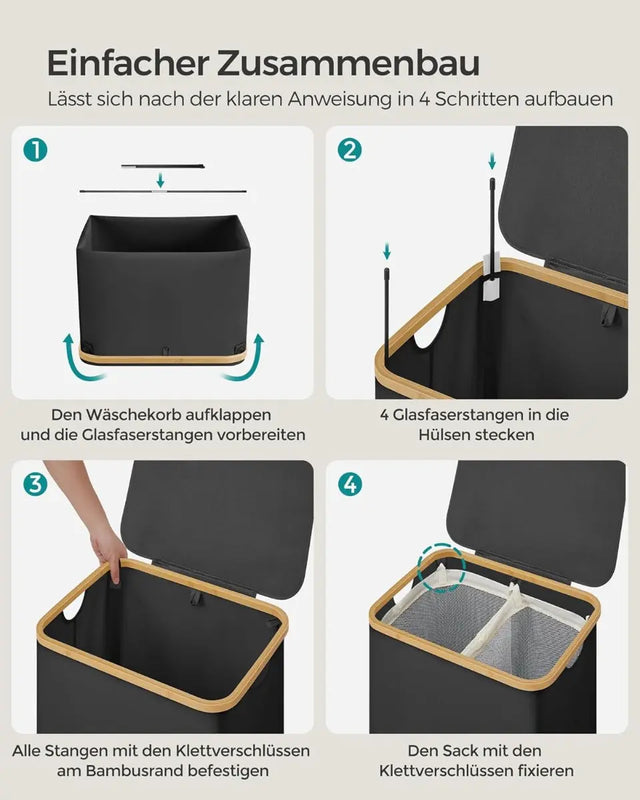 Wäschekorb 2 Fächer Bambus Griffe Schwarz von Songmics