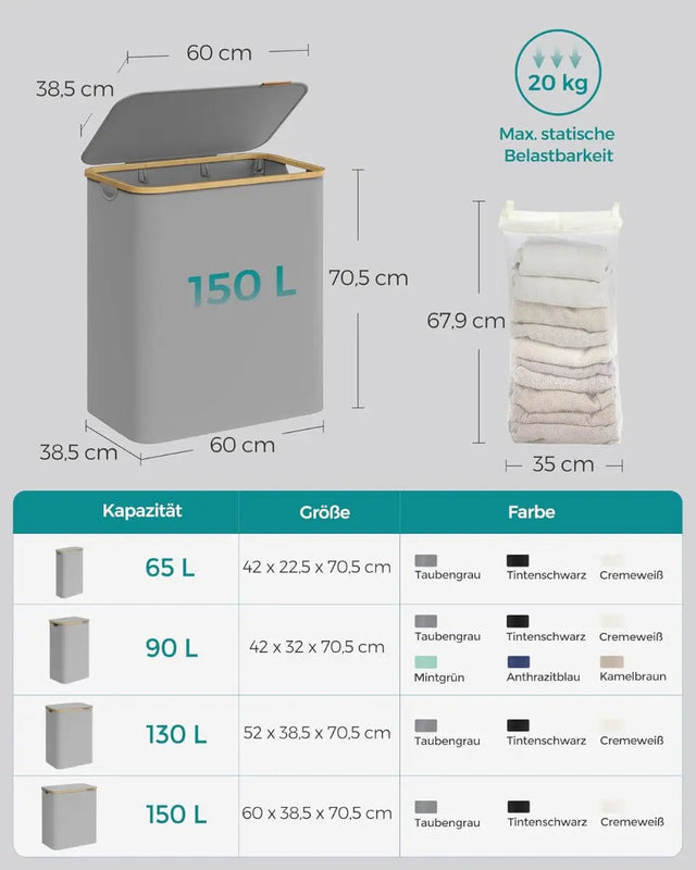 Wäschekorb Wäschesammler 3 Fächer Bambus 150l Grau von Songmics