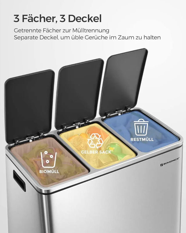 Mülleimer Küche Mülltrennsystem 3 Fächer Silber von Songmics