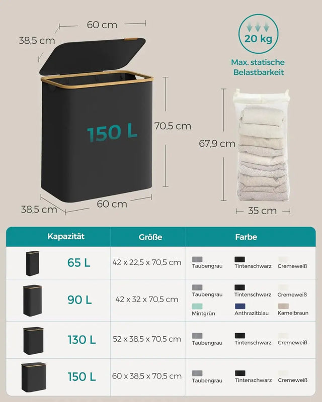 Wäschekorb Wäschesammler 3 Fächer Bambus 150l Schwarz von Songmics