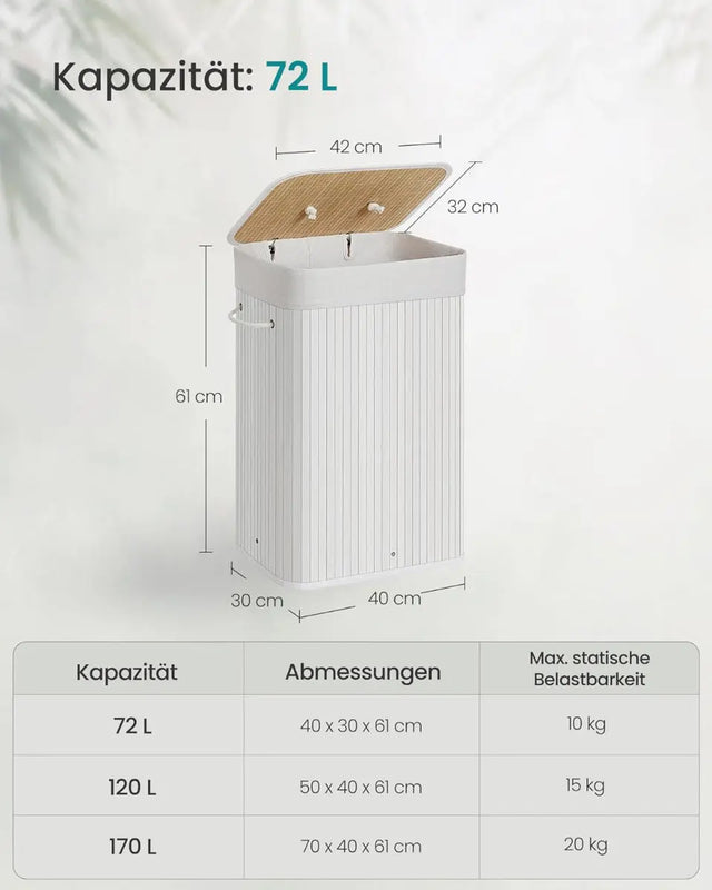 Wäschekorb Wäschesammler Bambus 72l weiss von Songmics