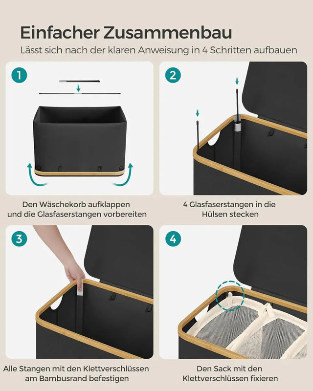 Wäschekorb Wäschesammler 3 Fächer Bambus 150l Schwarz von Songmics