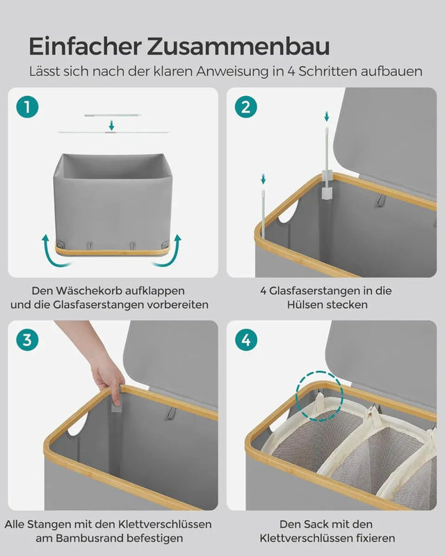 Wäschekorb Wäschesammler 3 Fächer Bambus 150l Grau von Songmics