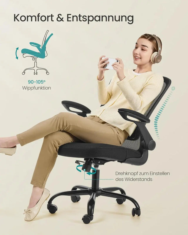 Bürostuhl Schreibtischstuhl Hochklappbare Armlehnen Schwarz von Songmics