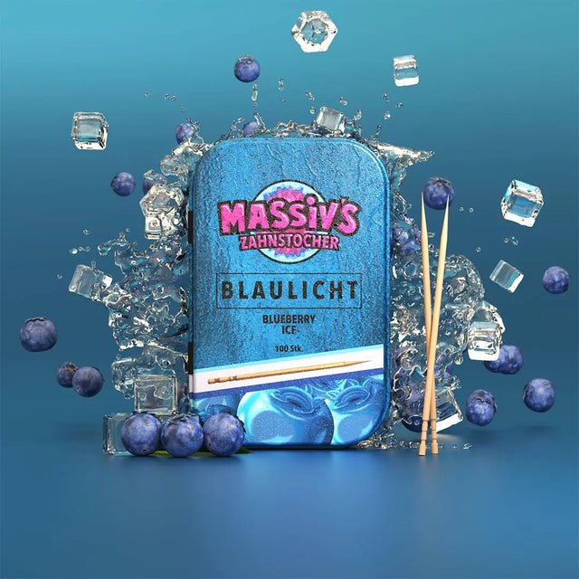 Massiv's Blaulicht Zahnstocher mit Geschmack Blueberry Ice in Metalldose von Wunder Zahnstocher