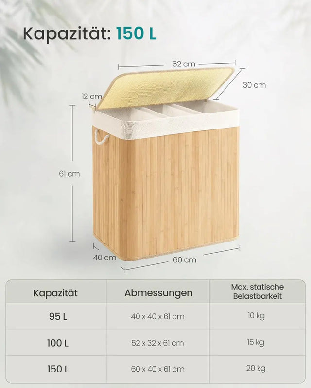 Wäschekorb Wäschebox Bambus 3 Fächer faltbar mit Griffen Naturfarbe von Songmics