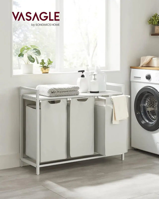 Wäschekorb mit 3 Fächern und Ablage, cremeweiss-mattweiss von Songmics