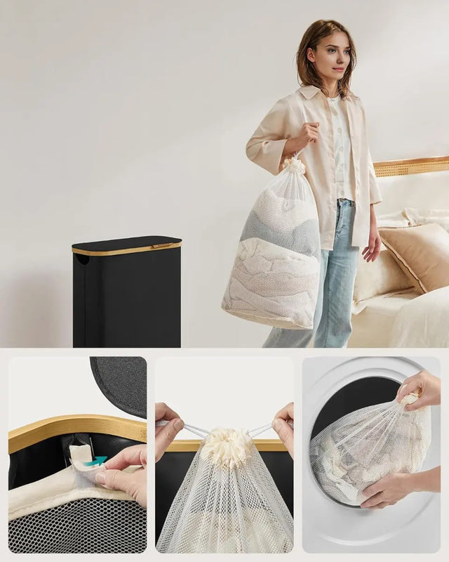 Wäschekorb Wäschesammler Schmal Bambus 65l Schwarz von Songmics