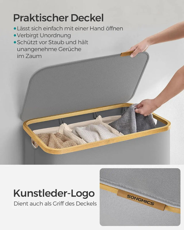Wäschekorb Wäschesammler 3 Fächer Bambus 150l Grau von Songmics