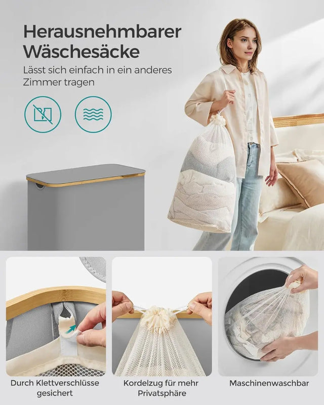 Wäschekorb Wäschesammler 3 Fächer Bambus 150l Grau von Songmics