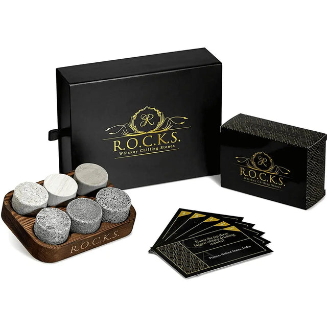 Whiskey Kühlsteine und Quiz Geschenkset 6er von ROCKS Whiskey Chilling Stones