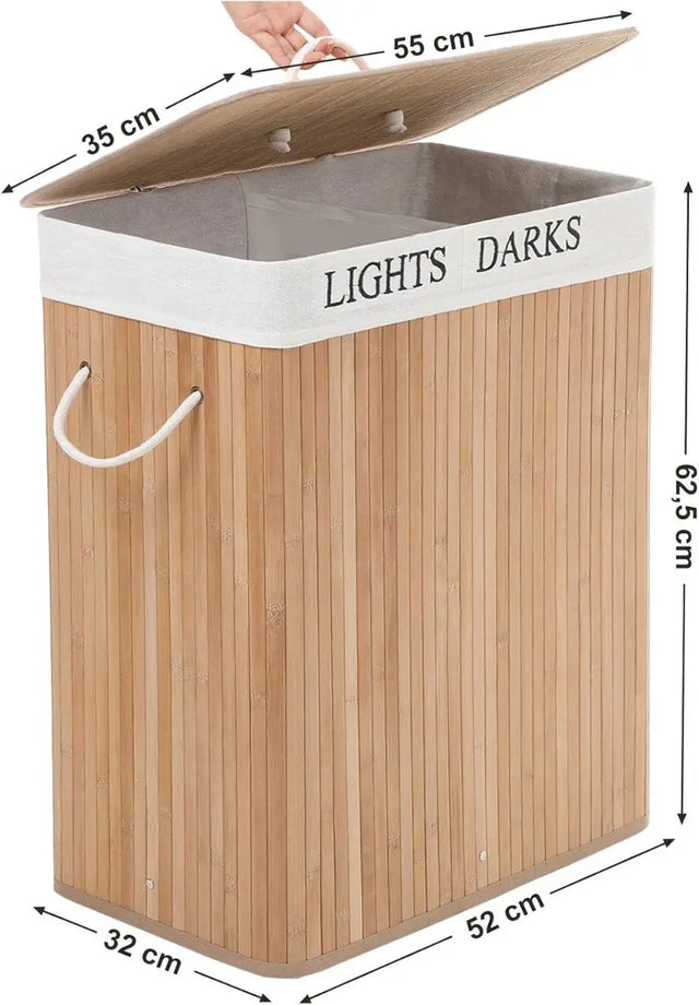 Wäschekorb Wäschesammler 2 Fächer Bambus 100l von Songmics