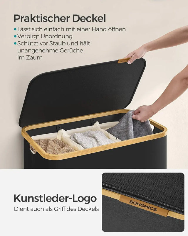 Wäschekorb Wäschesammler 3 Fächer Bambus 150l Schwarz von Songmics
