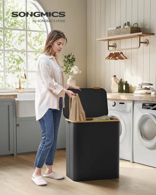 Wäschekorb Wäschesammler 3 Fächer Bambus 150l Schwarz von Songmics