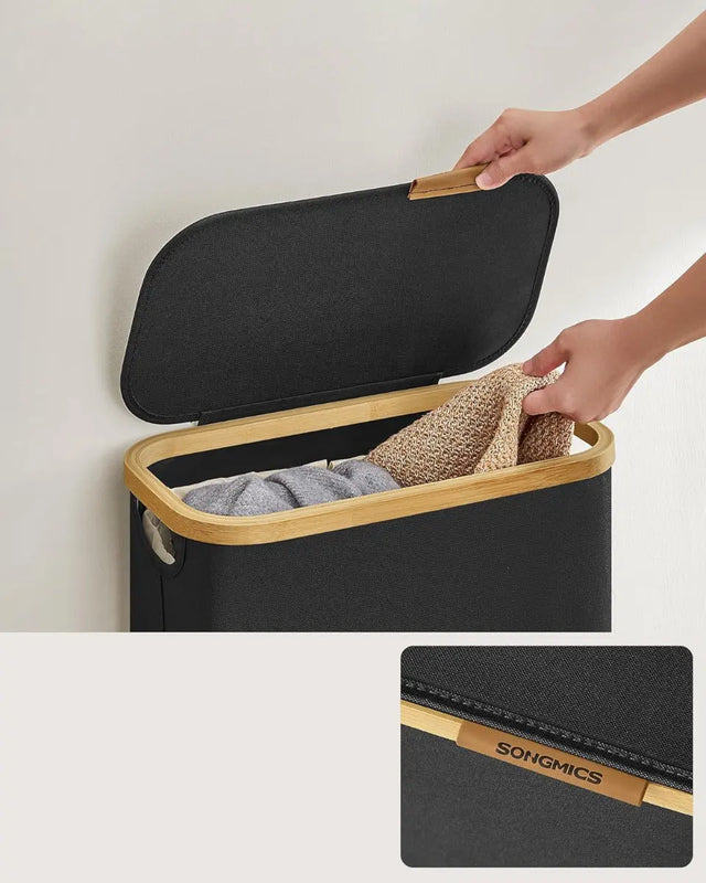 Wäschekorb Wäschesammler Schmal Bambus 65l Schwarz von Songmics