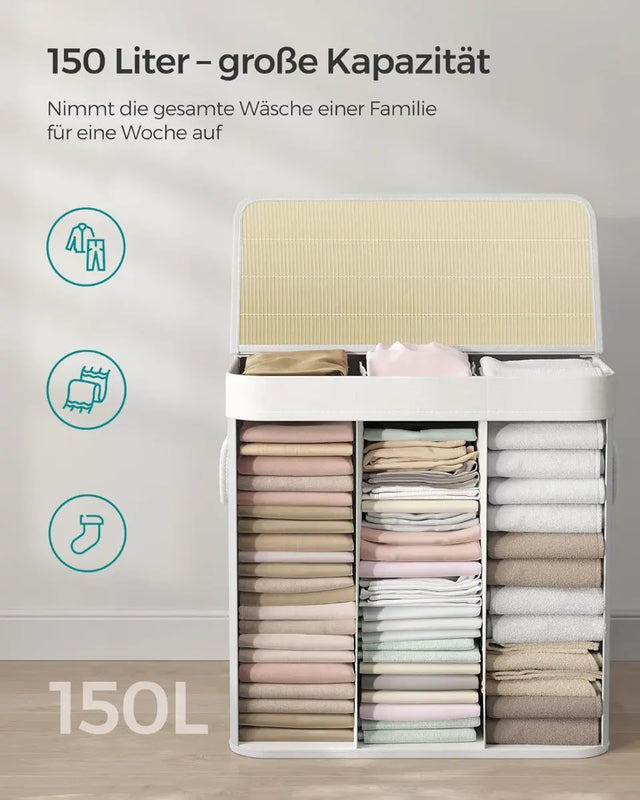 Wäschekorb Wäschebox Bambus 3 Fächer faltbar mit Griffen von Songmics