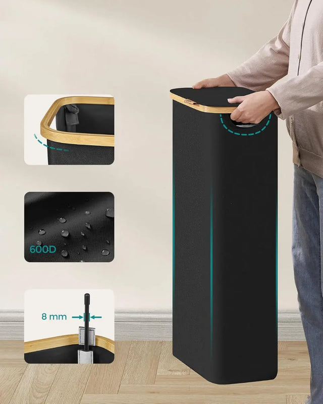 Wäschekorb Wäschesammler Schmal Bambus 65l Schwarz von Songmics