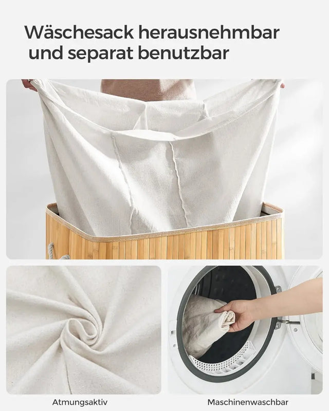 Wäschekorb Wäschebox Bambus 3 Fächer faltbar mit Griffen Naturfarbe von Songmics