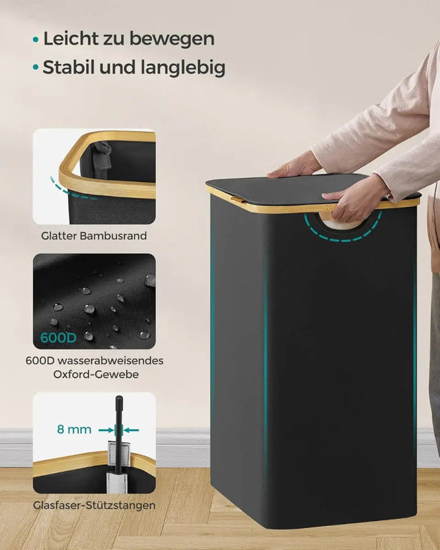 Wäschekorb Wäschesammler 3 Fächer Bambus 150l Schwarz von Songmics