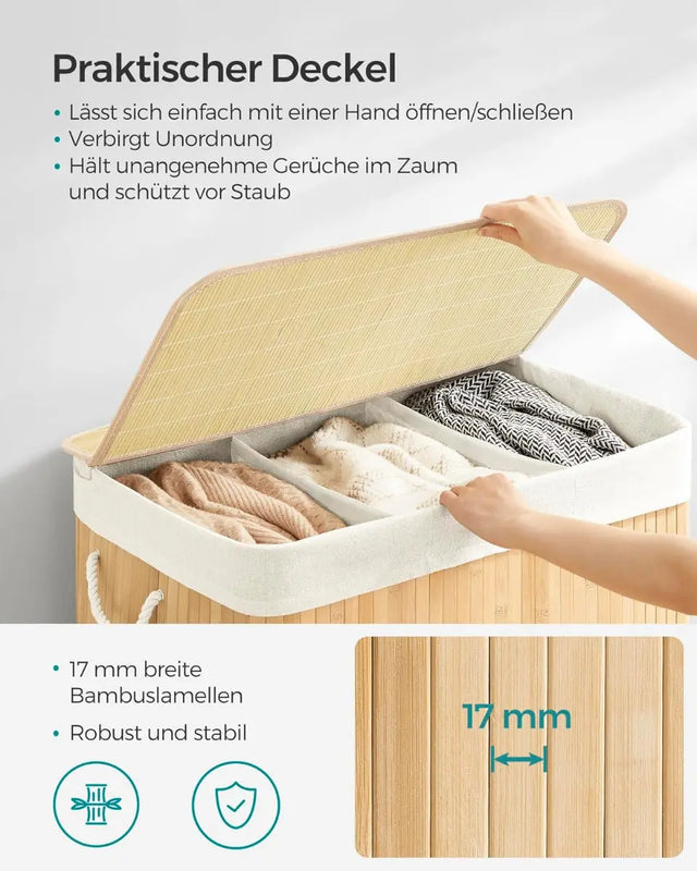 Wäschekorb Wäschebox Bambus 3 Fächer faltbar mit Griffen Naturfarbe von Songmics