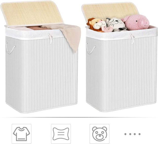 Wäschekorb Wäschesammler 2 Fächer Bambus 100l weiss von Songmics