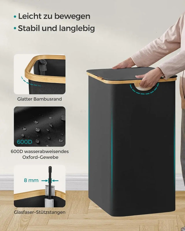 Wäschekorb 2 Fächer Bambus Griffe Schwarz von Songmics