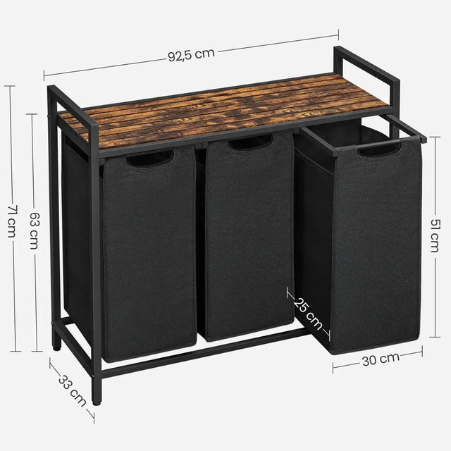 Wäschekorb mit 3 Fächern und Ablage, tintenschwarz-vintagebraun von Songmics