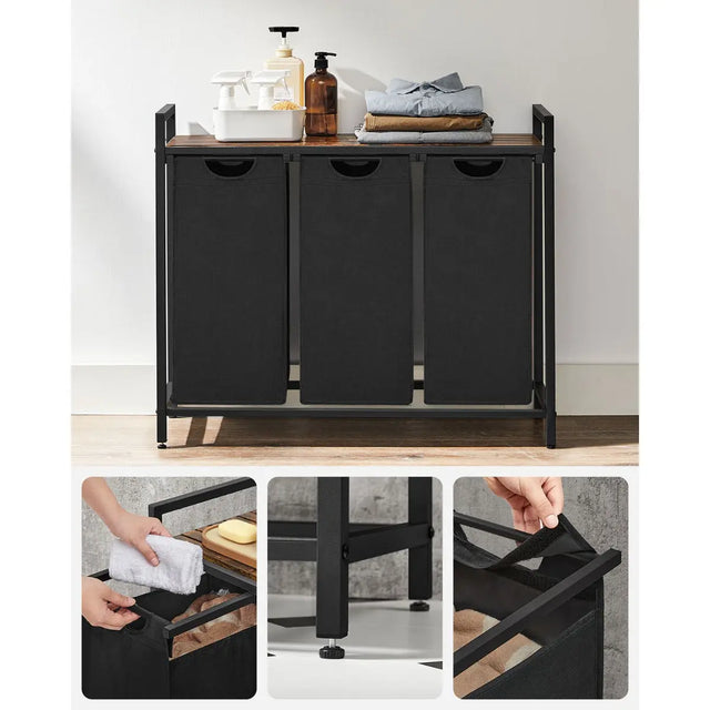 Wäschekorb mit 3 Fächern und Ablage, tintenschwarz-vintagebraun von Songmics