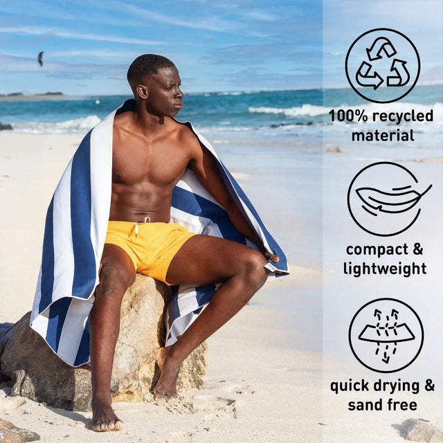 Strandtuch XXL Mikrofaser schnelltrocknendes Badetuch 160x90cm Marineblau - Weiss von Fit-Flip