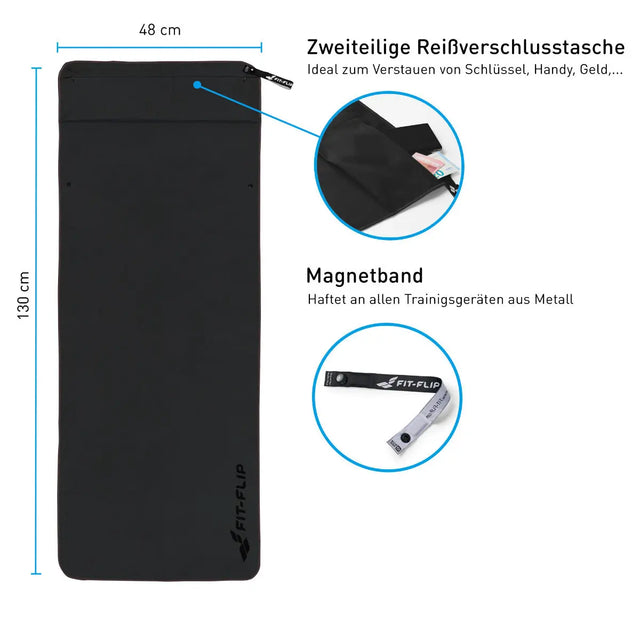 Fitnesshandtuch Mikrofaser mit Reissverschlusstasche 130x48cm Schwarz von Fit-Flip