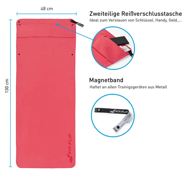 Fitnesshandtuch Mikrofaser mit Reissverschlusstasche 130x48cm Koralle von Fit-Flip