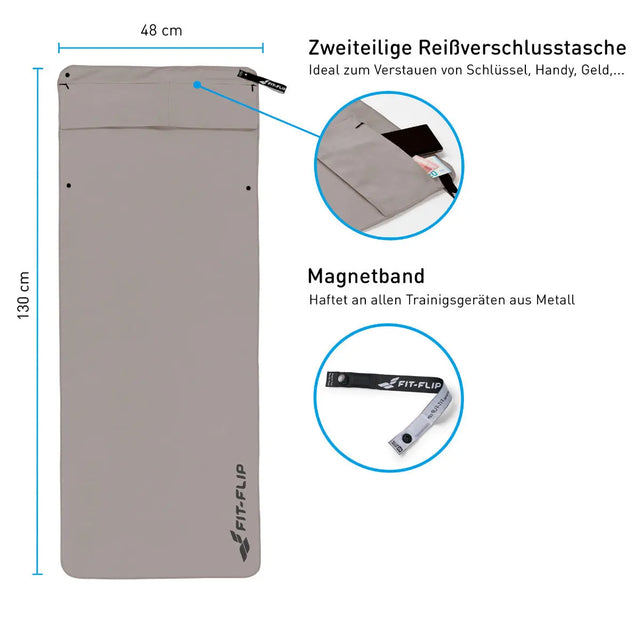 Fitnesshandtuch Mikrofaser mit Reissverschlusstasche 130x48cm Grau von Fit-Flip