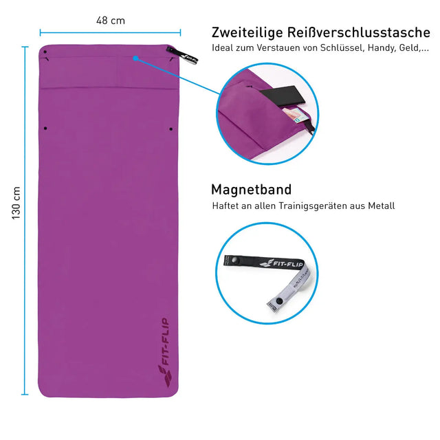 Fitnesshandtuch Mikrofaser mit Reissverschlusstasche 130x48cm Violett von Fit-Flip