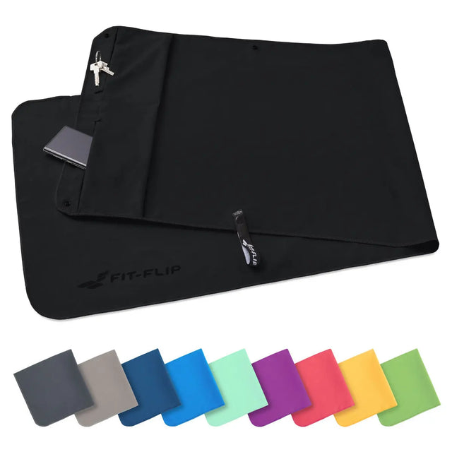 Fitnesshandtuch Mikrofaser mit Reissverschlusstasche 130x48cm Schwarz von Fit-Flip