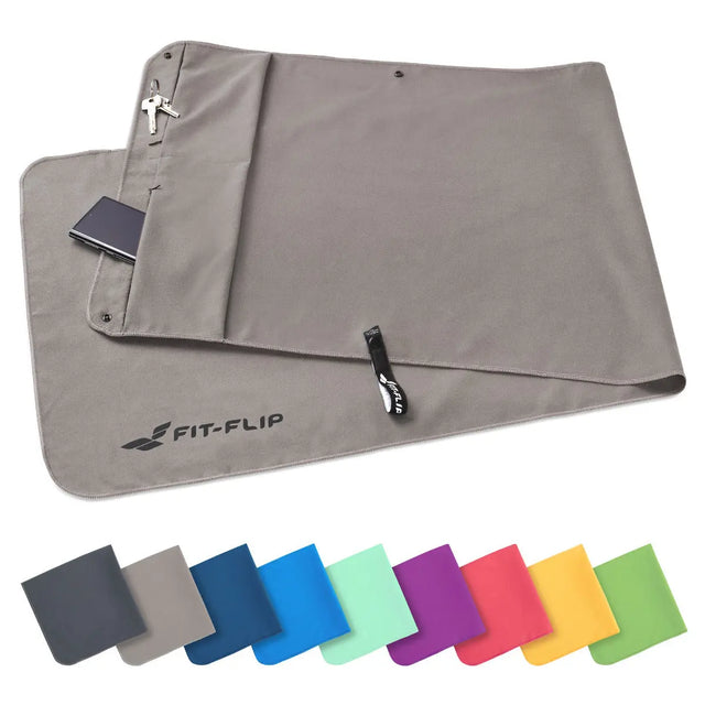 Fitnesshandtuch Mikrofaser mit Reissverschlusstasche 130x48cm Grau von Fit-Flip
