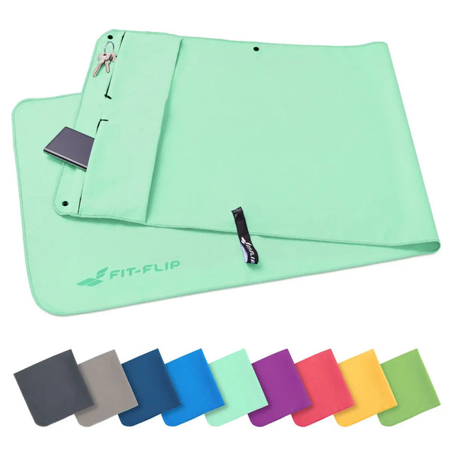 Fitnesshandtuch Mikrofaser mit Reissverschlusstasche 130x48cm Türkis von Fit-Flip