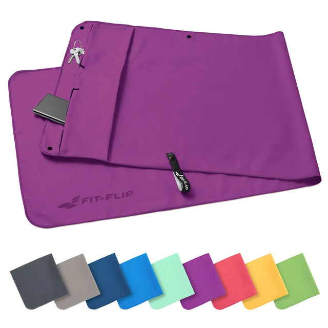 Fitnesshandtuch Mikrofaser mit Reissverschlusstasche 130x48cm Violett von Fit-Flip