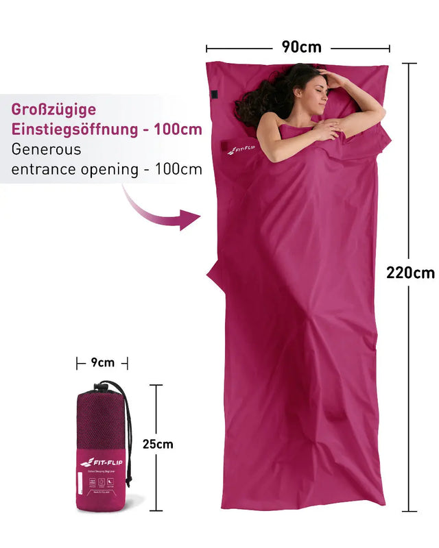 Hüttenschlafsack Baumwolle ultraleicht mit Kissenfach 90x220cm beere von Fit-Flip